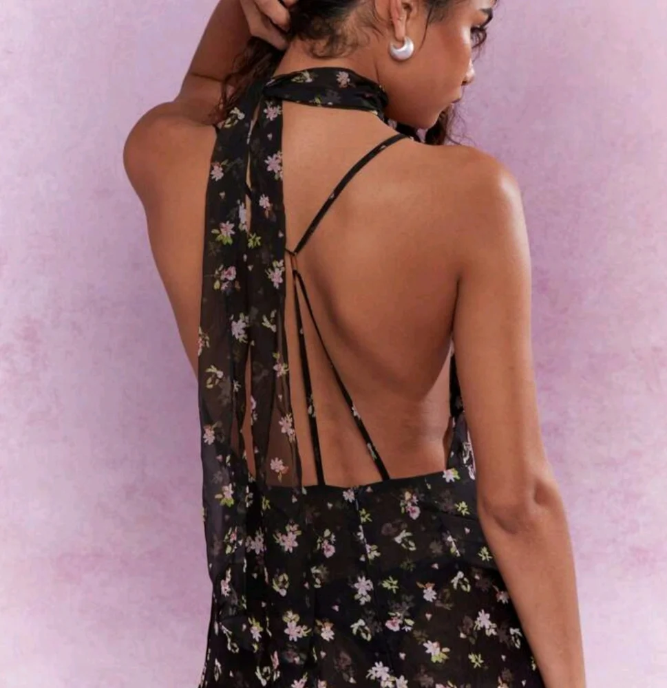 Sheer Floral Printed Cowl Neck Double Layered Backless Floor Length - Picture 3 of 4